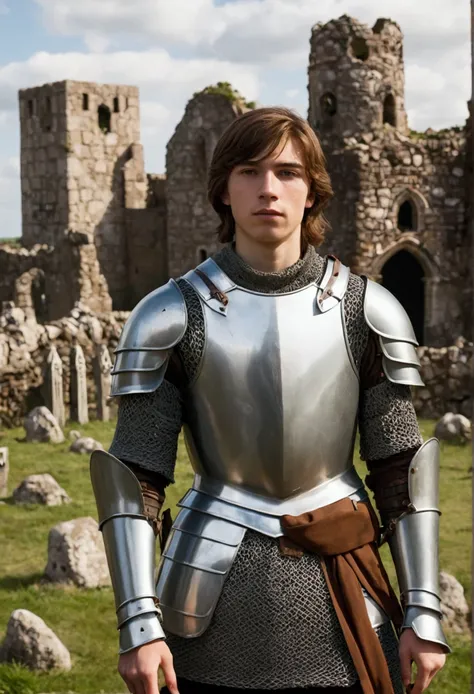 20 year old knight in plain armor, brown hair, medium height, plain looking, is standing in front of a number of graves that are made of rocks. In the background a ruined castle tower visible