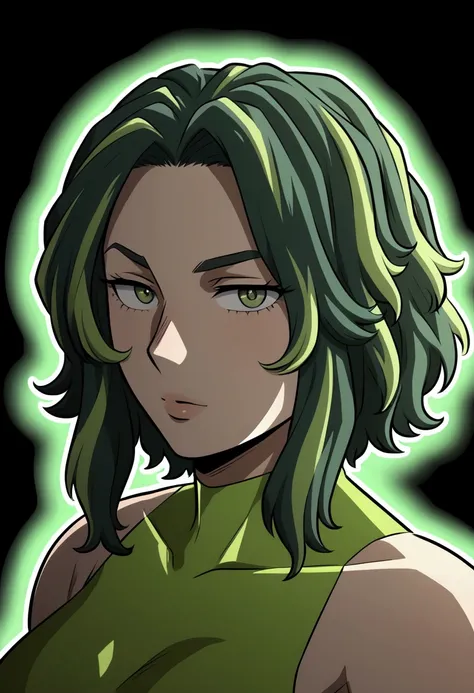 lady nagabt of mha, MHA anime style, woman with dark green hair, green hair with lime green parts, messy and unusual hair, short eyebrow, green neon suit hero, cabelo com dark and light strands, dark and light strands, olhar fofo,  soft lips, ssmile, dark ...