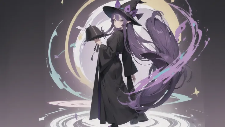 Anime girl. Long purple hair and wearing a black robe. Pointy ears. Witch hat. Cute cartoon. Illustration, alone. Looking back. Full body. About high school age. Smiling.