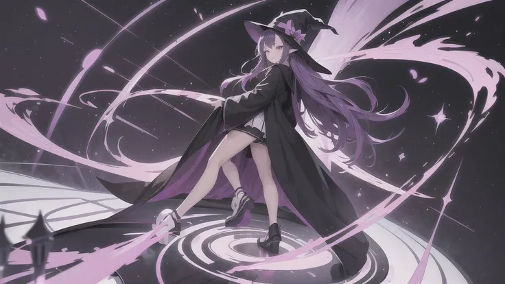 Anime girl. Long purple hair and wearing a black robe. Pointy ears. Witch hat. Cute cartoon. Illustration, alone. Looking back. Full body. About high school age. Smiling.