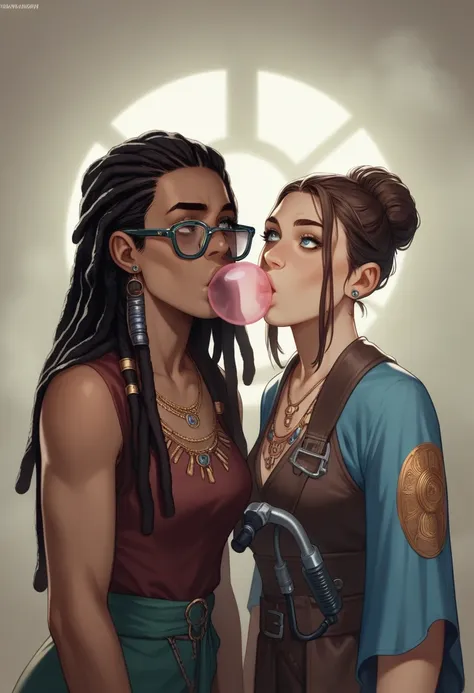 there are two women with dreadlocks blowing bubbles in a dark room, darius zawadzki and tom bagshaw, a biopunk teenage cyborg, p...