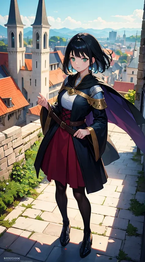 1girl, medieval dress, full body shot, traveler, green eyes, short black hair, medieval city background, action