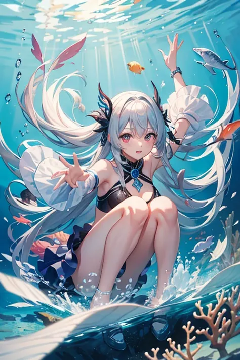 masterpiece, Highest quality, High resolution，Follow the on-screen instructions、Anime Style、Follow the prompts、One Girl、Long silver hair、Inside a cylindrical aquarium、Coral Reef、fish、Falling position、Extend your hands towards the water