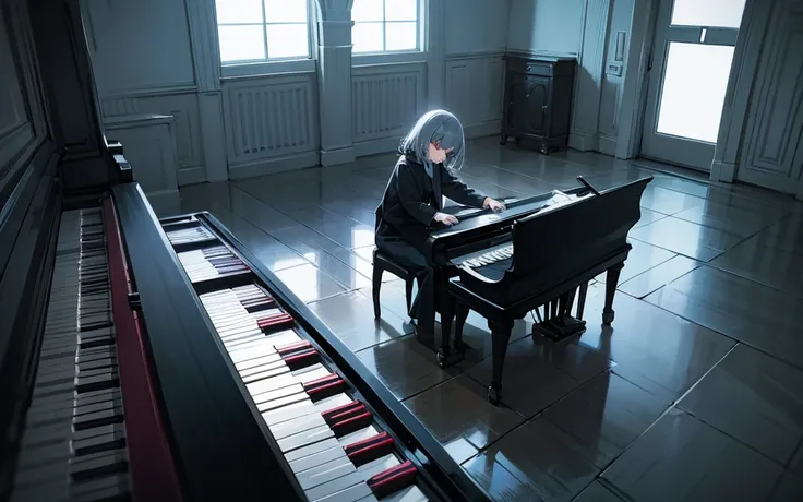 Gloomy atmosphere, girl in an empty room plays the piano, It&#39;s dark all around, yearning, despair