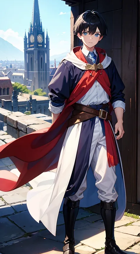 1boy, medieval cloth, full body shot, traveler, blue eyes, short black hair, medieval city background, action