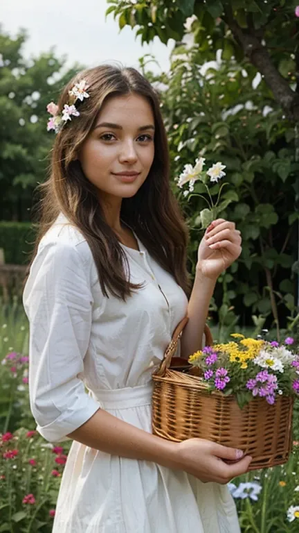 A beautiful girl who is picking flowers in the garden while carrying a basket 