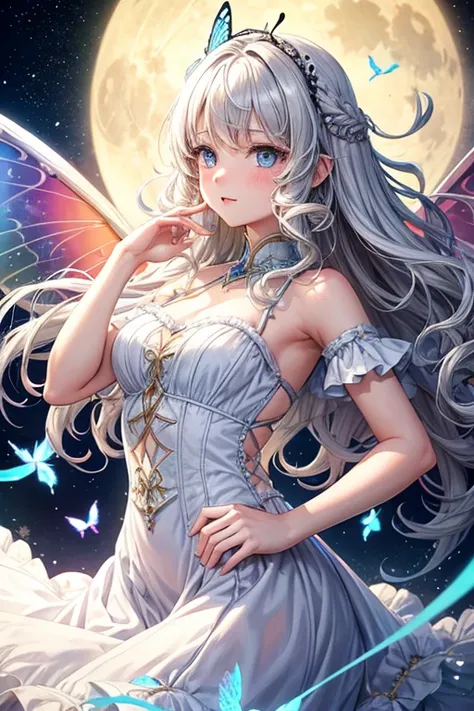 Girl with rainbow butterfly wings on her shoulders,full moon,length,Curly Hair,Vertical Roll,blonde,blue eyes,White Dress,1 adult female,Lady,Dancing，Silver Hair