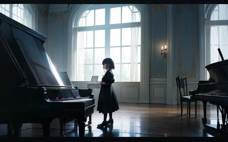 Gloomy atmosphere, girl in a dark large room plays the piano, It&#39;s dark all around, yearning, despair, view from the piano, Direct view