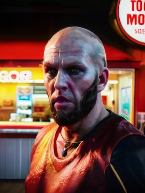 fleshmutant bodyhorror working at a fast food restaurant,close up,, true to life, HDR image,High detail resolution,soft eyes,natural skin,high detailed face,high detailed cloth,film photography,vintage,cinematic lighting,realistic,sharp focus,(very detaile...