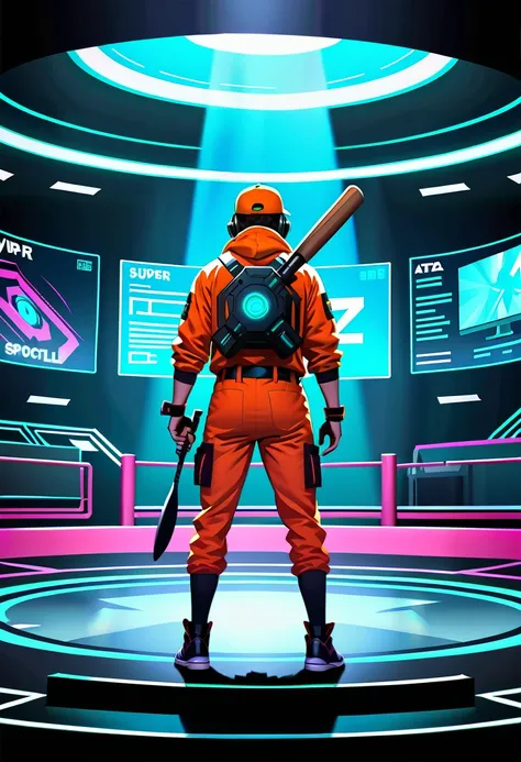 Movie shot, 1 baseball player in cyberpunk style costume in a very sci-fi holographic image arena, holding a bat, confidently facing the opponent in front of him, spotlight, attention, super detail