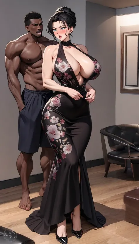 (1 young black man), (1 asian mature woman), (Duet), A woman seduces a young blackman，（strong and naked black man，short pants，muscle body，bodybuilder），（a young woman with big breasts，narrow waist，bare shoulders，(long skirt dressed, floral print, naked）, Eu...