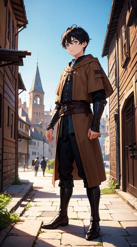 1boy, medieval brown cloth, full body shot, traveler, blue eyes, short black hair, medieval city background, action