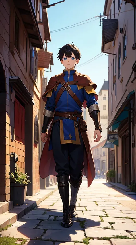 1boy, medieval brown cloth, full body shot, traveler, blue eyes, short black hair, medieval city background, action