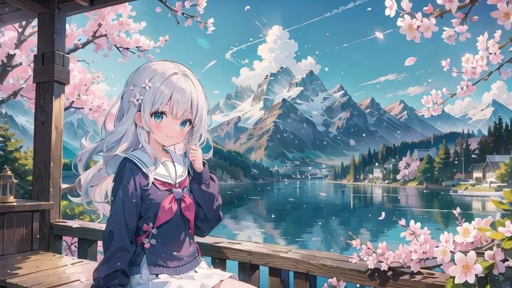 (masterpiece),  scenery,  Mountain Horizon,  cherry blossoms,  petal,  Particles of light,  Upper Body,  One girl,  Sailor,  Wavy Hair,  Floating Hair,  smile,  Sitting,  Open your mouth,  Particles of light,  Silver Hair,  Aqua Eye,  View your viewers,  F...