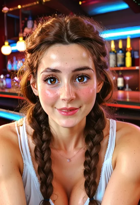 (gege:1.9), (woman), (brunette), (brown eyes), (freckles), portrait photo of  beautiful woman brown hair triple braids, nightclu...