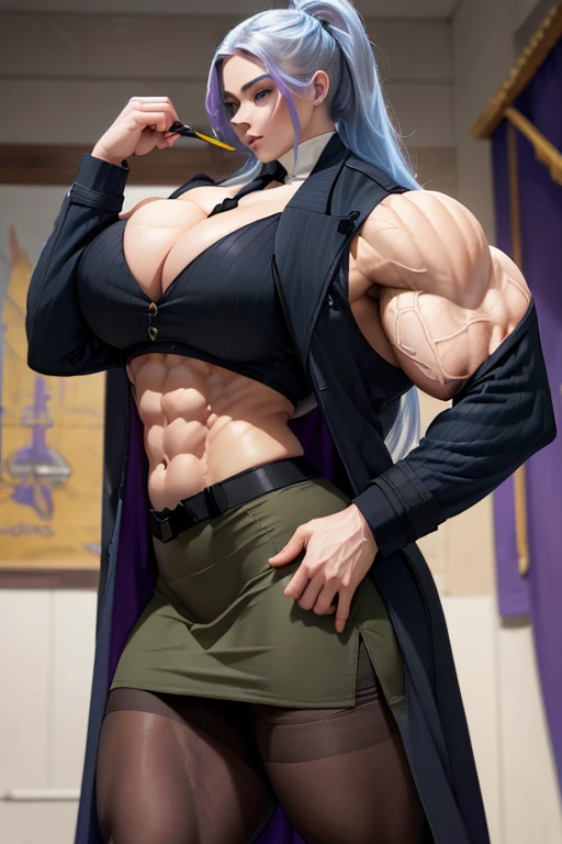 ((Massive, beautiful, buff, pale white skinned muscular woman with cyan hair, purple eyes, black lipstick, ginormous bulky muscles)), ((close view)), ((((long sleeve military overcoat)))), ((long sleeve military overcoat)), necktie, blazer, ((((military of...