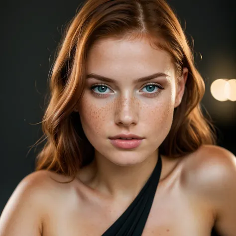 young girl, red-haired woman, blue eyes with light freckles on her cheeks, big tits, she is dressed in a sexy, elegant black dress, photo taken on a white background. Ultra-high resolution, (photorealistic: 1.4), high resolution, (brown eyes), (finely deta...