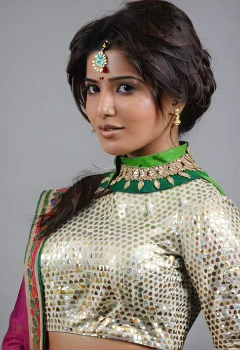 glamor headshot photo of a samantha ruth prabhu ,woman, fashion pose,  in a high collar traditional indian dress 