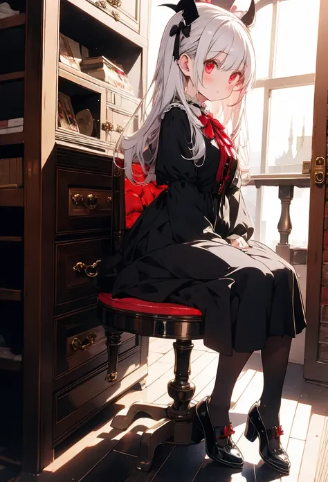 Cute, girly character, Lolita, big red eyes, shine lights, white hair, scary face, vampire, witch, black long dress, black heels, dark gothic castle, striped socks, sitting in the gothic cabinet, 
