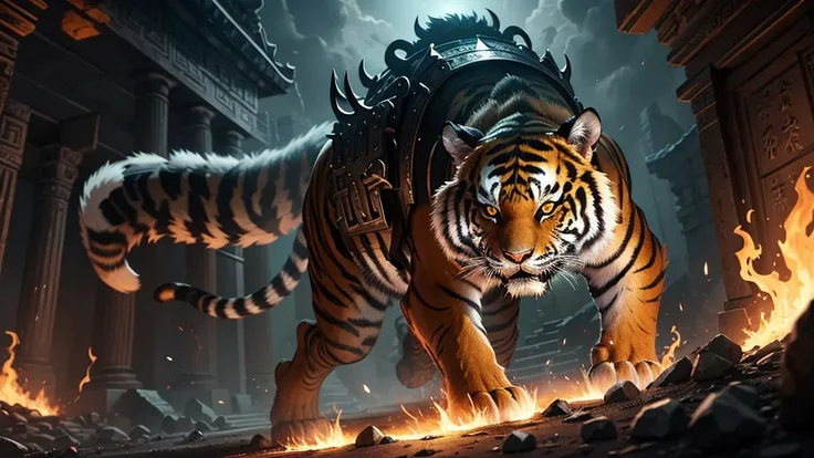 A fierce tiger outfitted in armor that flickers like flames, stalking through a dark, ancient temple.