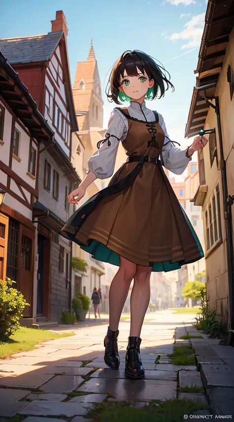 1girl, medieval brown dress, full body shot, traveler, green eyes, short black hair, medieval city background, action