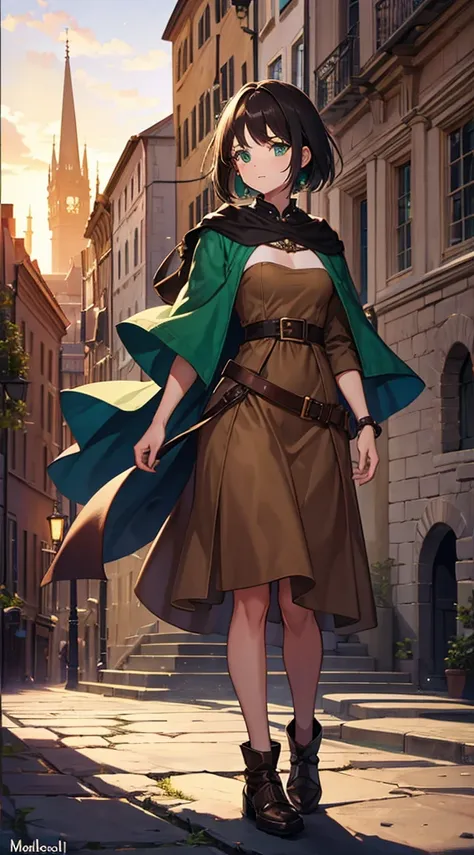 1girl, medieval brown dress, full body shot, traveler, green eyes, short black hair, medieval city background, action