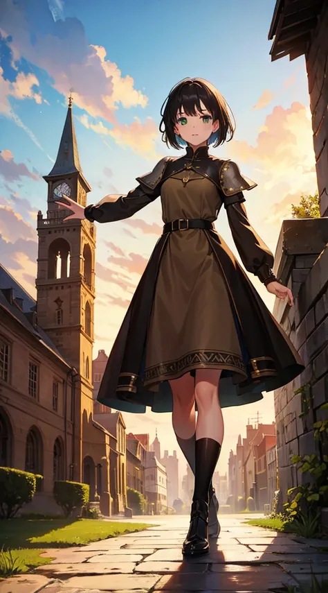 1girl, medieval brown dress, full body shot, traveler, green eyes, short black hair, medieval city background, action