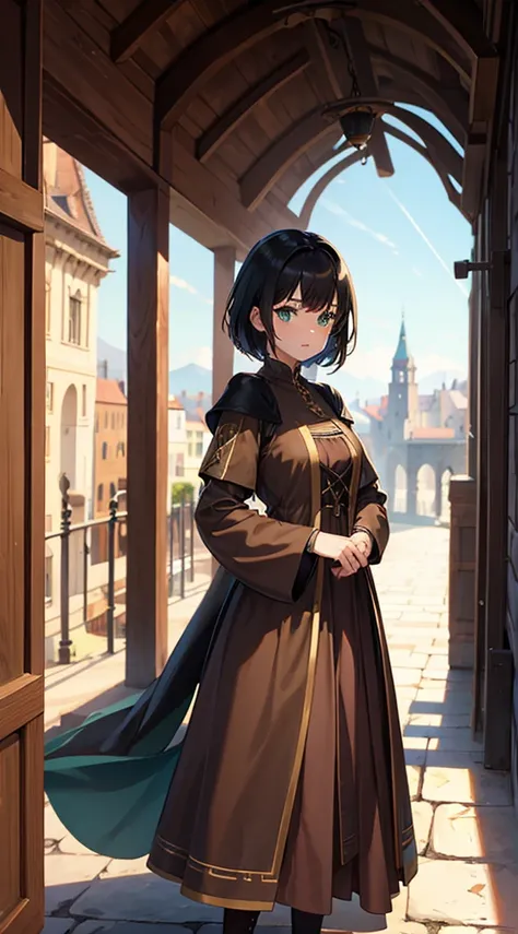 1girl, medieval brown dress, full body shot, traveler, green eyes, short black hair, medieval city background, action