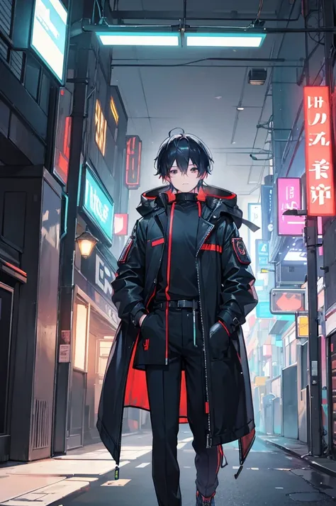 masterpiece,One boy,,(Character Focus),Functional Coat,Neon Town,cyber punk