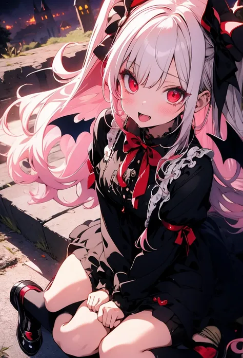 Cute, girly character, Lolita, big red eyes, white hair, scary face, vampire, witch, black long dress, black heels, dark gothic castle, striped socks, fog, darkness, sitting in the dark gothic cabinet,
