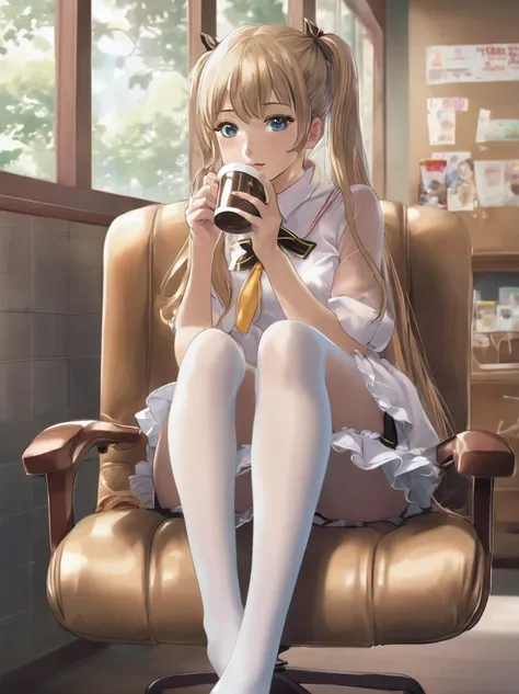 Anime girl sitting on chair drinking coffee, a hyper realistic high school girl, hyper realistic high school girl, , beautiful anime high school girl, realistic high school girl, seductive anime girl, anime Barbie in white stockings, anime visual of cute g...