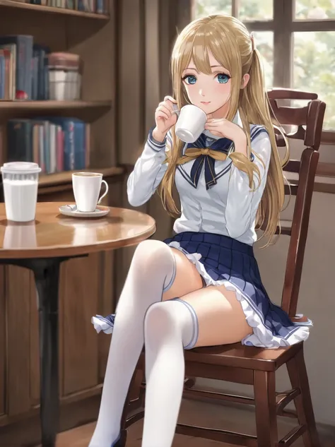 Anime girl sitting on chair drinking coffee, a hyper realistic high school girl, hyper realistic high school girl, , beautiful anime high school girl, realistic high school girl, seductive anime girl, anime Barbie in white stockings, anime visual of cute g...