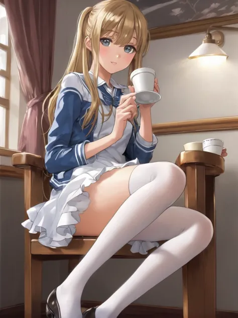 Anime girl sitting on chair drinking coffee, a hyper realistic high school girl, hyper realistic high school girl, , beautiful anime high school girl, realistic high school girl, seductive anime girl, anime Barbie in white stockings, anime visual of cute g...