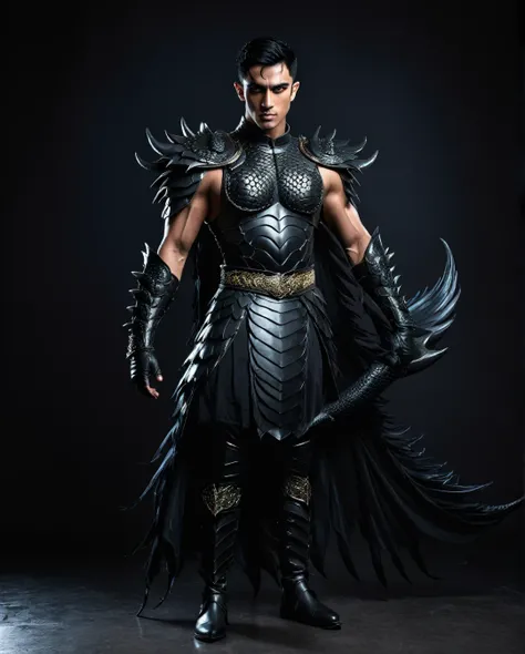 A muscular, shirtless Arabian men with short black hair wearing dragon armor made of rubber , He wear black gloves. He wore peacook feather robes. Standing in darkness background. He wearing a dragon boots.