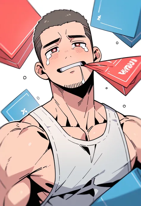 anime characters：Priapus, Muscle Sports Student, Buzz Cut, Manliness, male focus, Sports tight hooded sweatshirt, Very tight, full and perky chest muscles, muscular male, muscular, only, Upper body, alone, Black short hair, Thick eyebrows, stubble, Brown-r...