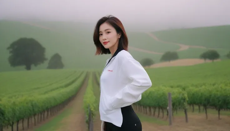 beautiful scenery, 8K Top Quality, Vivid picture quality, 1 woman, Beautiful 36-year-old Korean woman, Chest size 34 inches, Model-level beautiful woman, Napa Valley, California, USA, dawn vineyard, In the distance, endless fields of green pastures are vis...