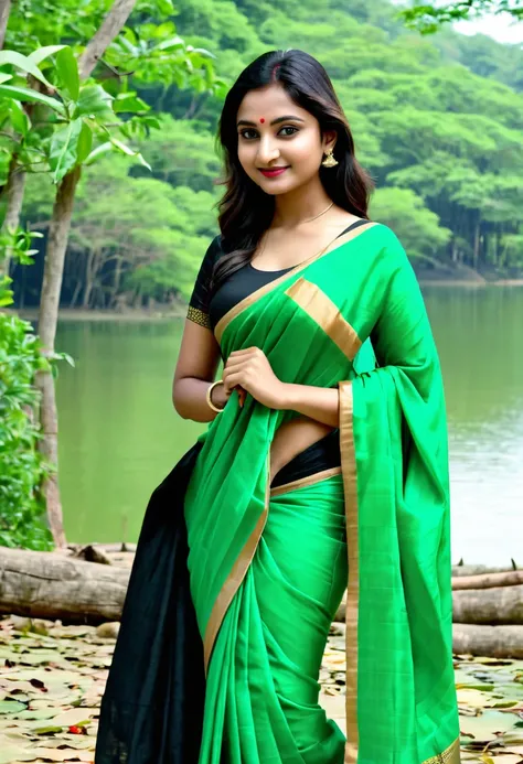 Create 25 years old India women ware Saree, green and black. Background is lake in forest.