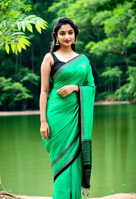 Create 25 years old India women ware Saree, green and black. Background is lake in forest.