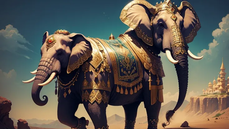 A noble elephant adorned with garb studded with jewels, traversing a magical landscape.