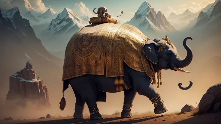 A noble elephant adorned with garb studded with jewels, traversing a magical landscape.