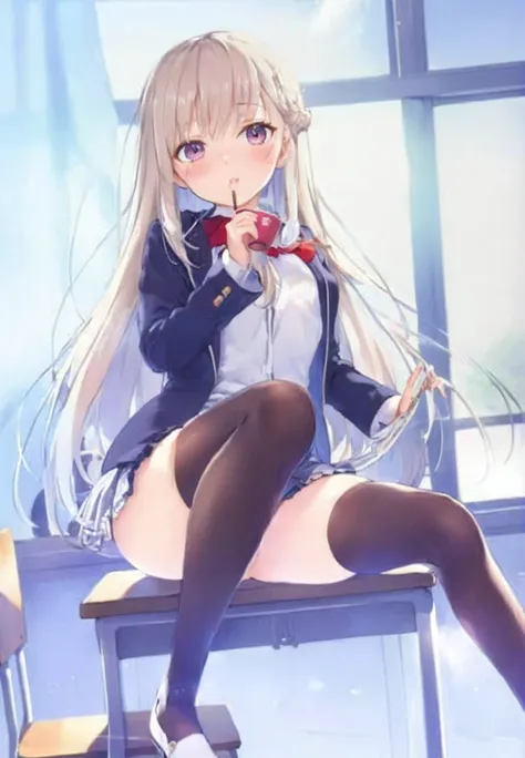 Anime girl sitting on chair drinking coffee, a hyper realistic high school girl, hyper realistic high school girl, , beautiful anime high school girl, realistic high school girl, seductive anime girl, anime Barbie in white stockings, anime visual of cute g...