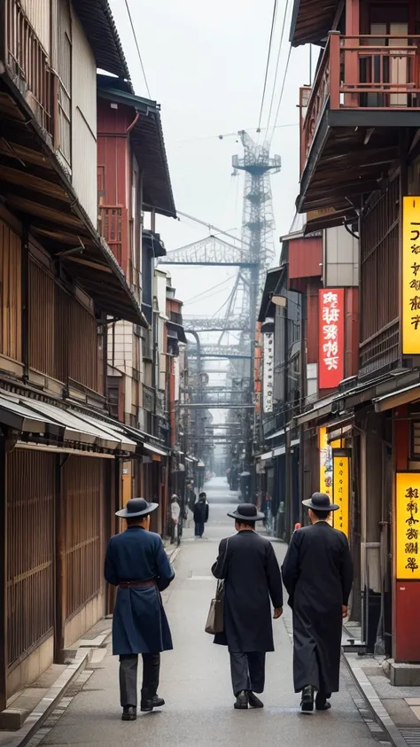 "An image of bustling industrial scenes from Meiji-era Japan, with factories, railways, and modern infrastructure, and Eiichi Shibusawas portrait superimposed, highlighting his contributions to Japans economic development."