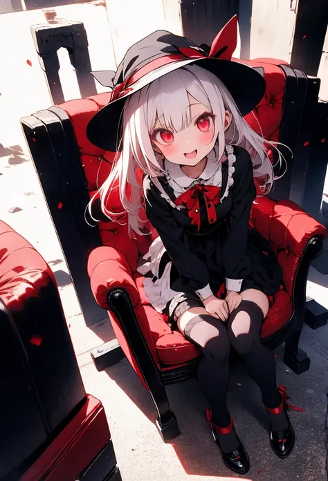 Cute, girly little character, Lolita, big red eyes, white hair, scary face, vampire, witch, black long dress, black heels, dark gothic castle, striped socks, fog, darkness, sitting on the red armchair, in dark gothic cabinet, candels on a table, 
