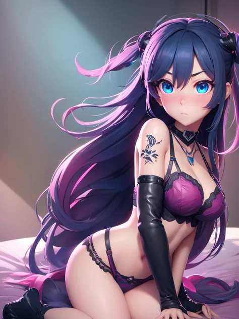 1 girl, solo, dark long straight hair, sitting on bed, looking at viewer, wearing a pink lingerie, large ass, beautiful blue eyes, thick thighs, very comfy bed, nice realistic bedroom, pink wall, neon lights, black choker, tattoo on left arm