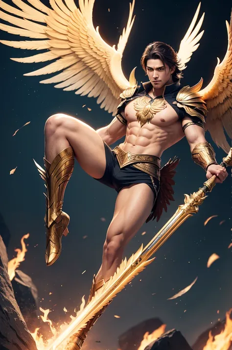 Son of a valkyrie and phoenix, a handsome man with wings with a somewhat athletic body with features more like a phoenix