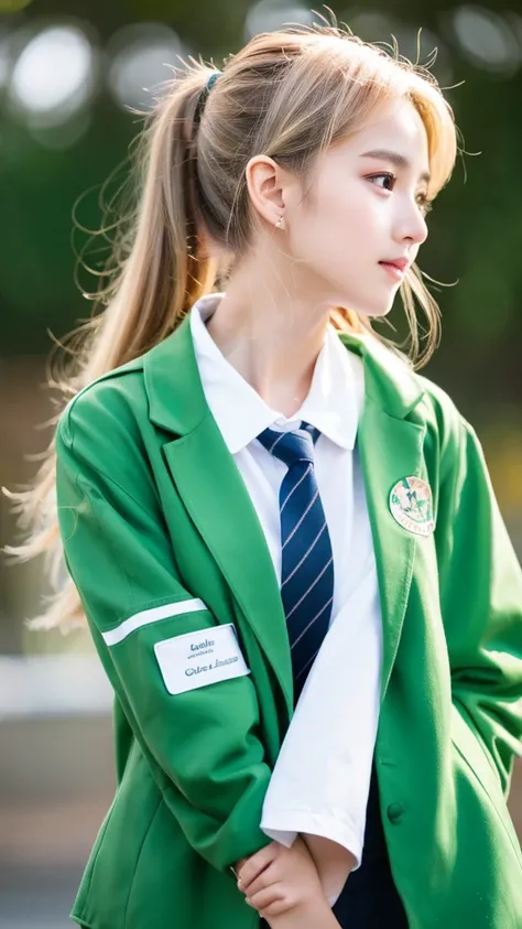 She is wearing a green school jacket with white sleeves., and her smooth green hair is tied into a ponytail with a red ribbon. She&#39;s wearing jeans and gray sneakers.She has green eyes and green hair