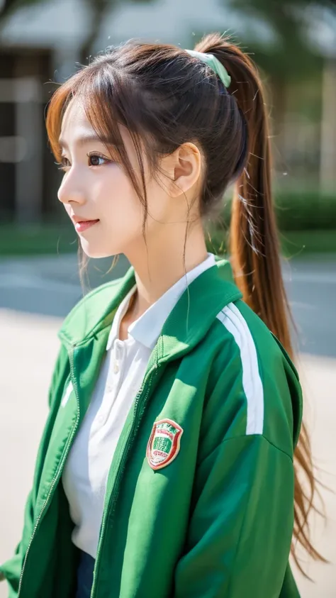 She is wearing a green school jacket with white sleeves., and her smooth green hair is tied into a ponytail with a red ribbon. She&#39;s wearing jeans and gray sneakers.She has green eyes and green hair