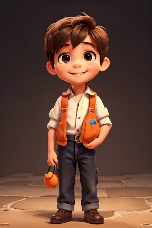 a little boy, holding two mameyes or sapotes, one of them is open and the other is closed, the boy is smiling, the background of the image is orange.