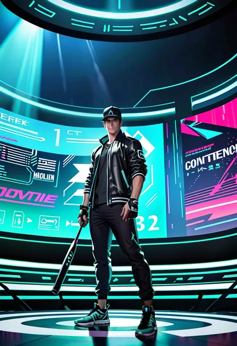 Movie shot, 1 baseball player in cyberpunk style costume in a very sci-fi holographic image arena, holding a bat, confidently facing the opponent in front of him, spotlight, attention, super detail