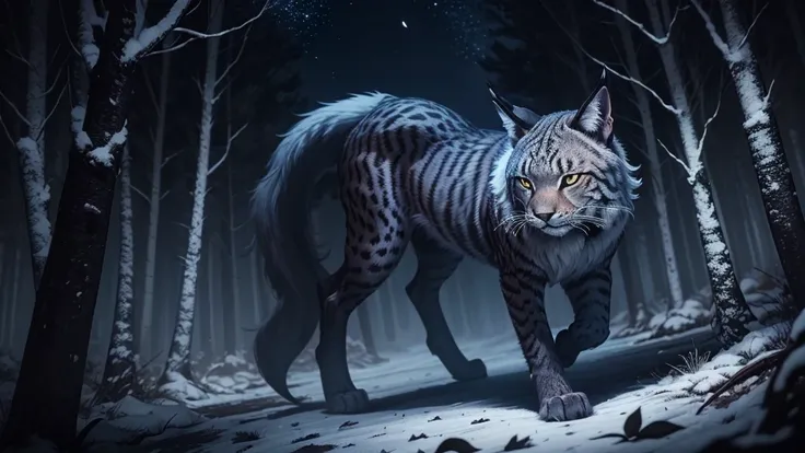 A mysterious lynx dressed in a sleek suit of midnight fabric, prowling through a moonlit forest.